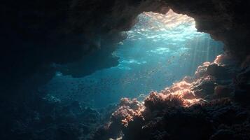 A quiet underwater grotto with light filtering from above photo