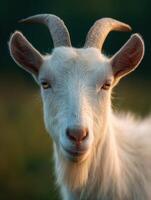 A serene white goat stands calmly in rich green grazing land photo