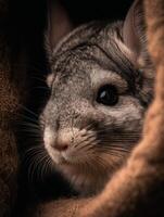 A reserved chinchilla carefully peers from its snug tube shelter photo