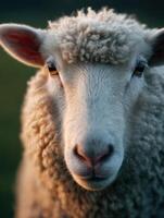 A serene sheep portrait highlighting its fluffy curled wool texture photo