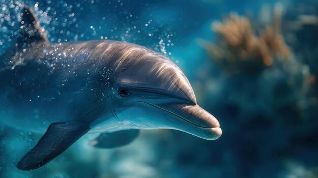 A smiling bottlenose dolphin with a visibly joyful appearance photo
