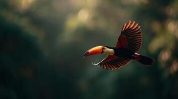 A stunning toucan in dynamic flight across verdant jungle foliage photo