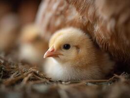 A sweet little chick takes a glimpse from its mother hen shelter photo