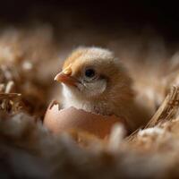 A tiny young chick beginning its journey pecking out of shell photo