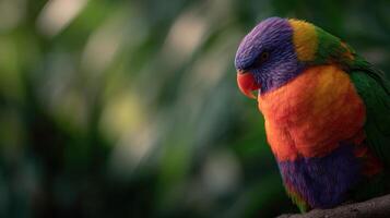 A stunning rainbow lorikeet cleans its plumage in vibrant backyard flora photo