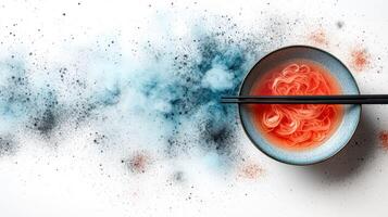 Vibrant noodles in a bowl, with steam and colorful powder photo