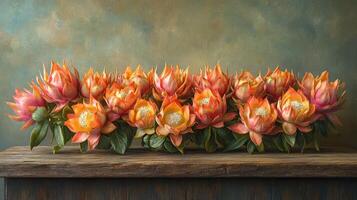 Vibrant floral arrangement on rustic wood photo