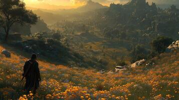 Vast, sunlit valley, character amidst wildflowers photo