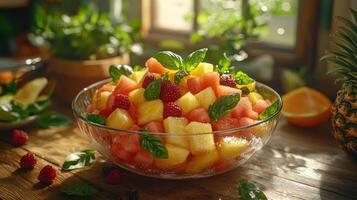 Vibrant fruit salad in glass bowl photo