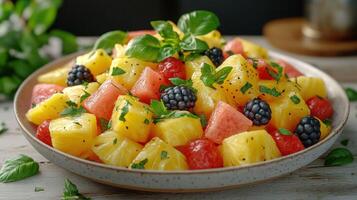 Vibrant fruit salad with pineapple, watermelon, raspberries, and blackberries photo
