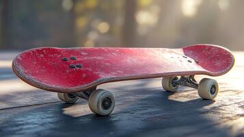 Worn red skateboard resting on a surface photo