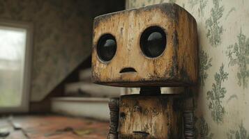 Wooden robot, distressed, thoughtful photo
