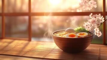Warm ramen in a wooden bowl, sunlight through a window, cherry blossoms photo