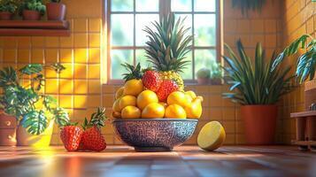 Vibrant fruit bowl in a sunny kitchen photo