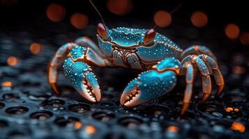 Vibrant blue crab on dark textured surface photo