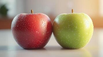 Two fresh apples, red and green, with water droplets photo