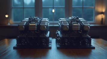 Two powerful engines displayed on a wooden table photo