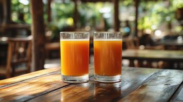 Two glasses of orange juice on a wooden table photo