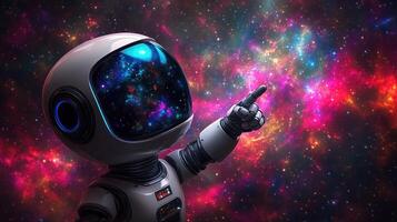 Tiny astronaut robot points to vibrant nebulae in space photo