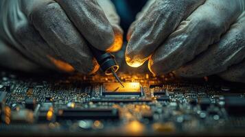 Technician soldering a circuit board photo