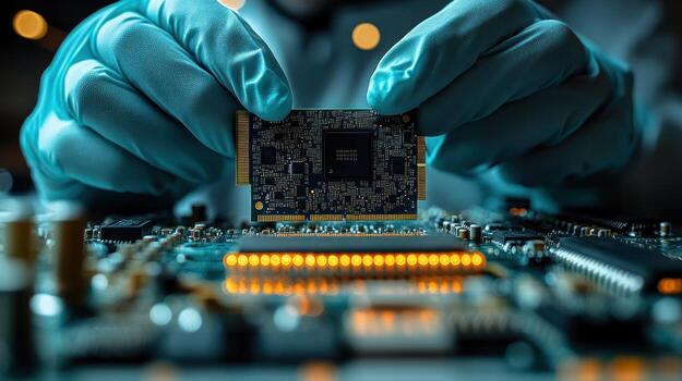 Technician handling circuit board photo