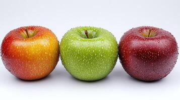 Three apples, red, green, and yellow-red, in a row photo