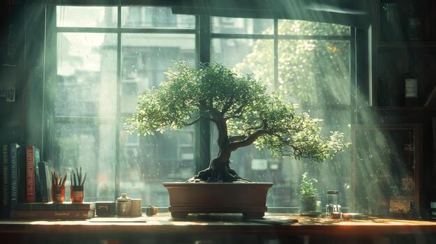 Sunlit Bonsai on a windowsill photo
