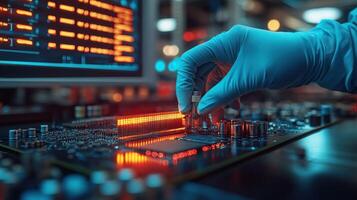 Technician installs component on circuit board photo