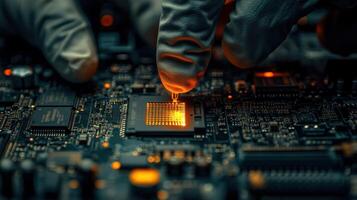 Technician installs CPU on circuit board photo