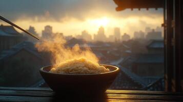 Sunrise noodle bowl, steaming hot photo