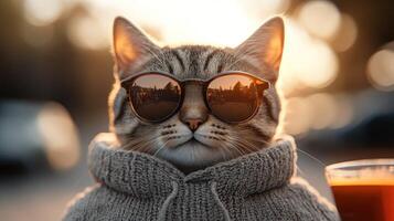 Stylish cat wearing sunglasses and a sweater photo