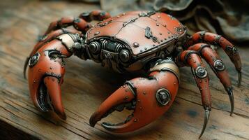 Steampunk crab sculpture on a wooden surface photo