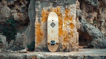 Skateboard leaning against a weathered stone wall photo