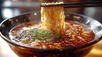 Spicy noodle soup with chopsticks photo