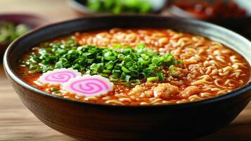 Spicy ramen bowl with pork and vegetables photo