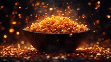 Spicy noodles in a dark bowl photo