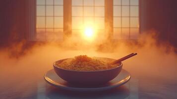 Steam rising from a bowl of noodles by a window at sunset photo