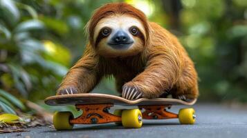 Sloth skateboarding in jungle photo