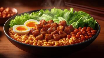 Spicy Ramen with protein, eggs, and chickpeas photo