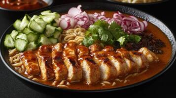 Spicy chicken noodle soup with fresh toppings photo