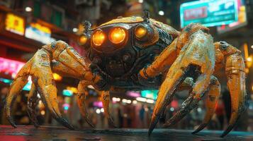 Rusty crab-like robot in a city photo