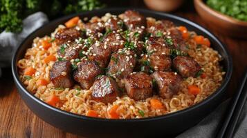 Savory beef stir-fry noodles with carrots photo