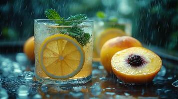 Refreshing summer drink with peaches and lemon photo