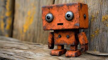 Rusty orange robot toy on weathered wood photo