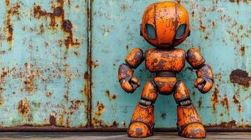 Rusty orange robot figurine against weathered metal photo