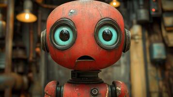 Rusty red robot with large eyes, close-up photo