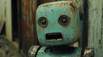 Rusty robot head, distressed and weathered, with large eyes, against a background of aged metal photo