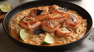 Salmon noodles in creamy sauce photo
