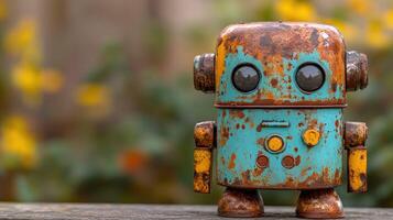 Rusty robot figurine in garden setting photo