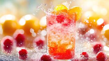 Refreshing summer drink with raspberries, citrus, and ice photo